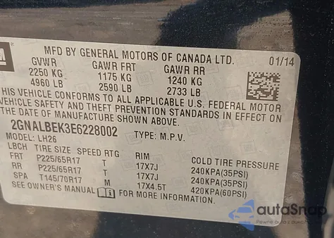 2014 Chevrolet Equinox 1Lt from USA, damaged, VIN 2GNALBEK3E6228002